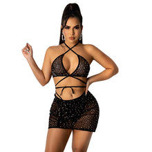 Load image into Gallery viewer, 2021 Summer Women Sexy 2 Piece Set Bling Rhinestones Sheer Mesh Ruched Top and Mini Skirts Club Outfits Female Fashion Clothing
