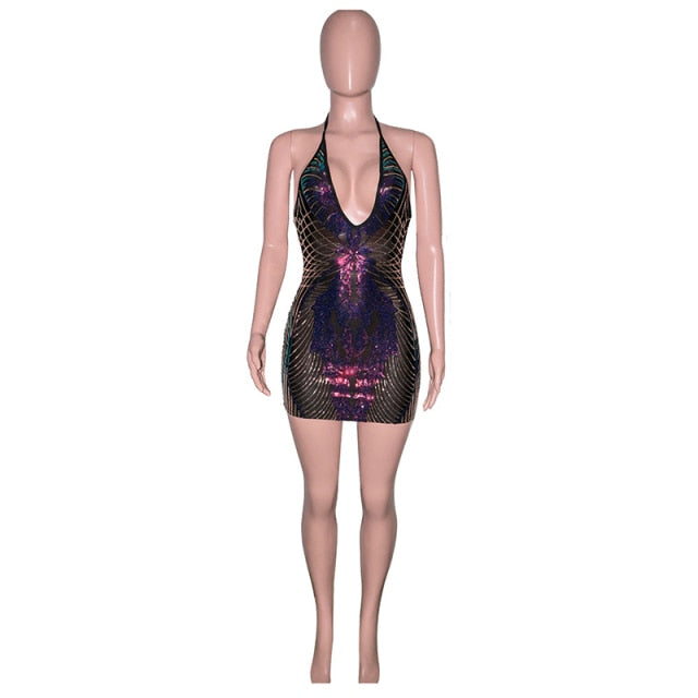 Bonnie Forest Sparkle Geometric Print Sequin Short Party Dress Womens Shiny Backless Bodycon Sequins Straps Dress Club Wears