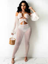 Load image into Gallery viewer, Bonnie Forest Casual White Sheer Mesh Long Sleeves Skirt Two Piece Set Womens Laced Cover Up Dress Beach Wears Vacation Outfits
