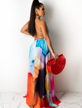 Load image into Gallery viewer, Bonnie Forest Fashion Multi Color V Neck Halter Tie Up Slit Maxi Dress Summer Sundress Backless Printed Vacation Dress Clubwears
