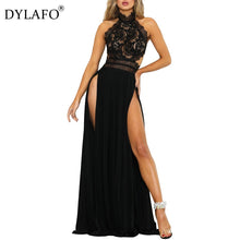 Load image into Gallery viewer, Black Halter High Split Long Lace Dress Women High Waist Transparent Party Beach Maxi Dress V Neck Backless Summer Dress 2021
