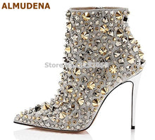 Load image into Gallery viewer, ALMUDENA Glitter Gold Metallic Studs Ankle Boots Stiletto Heel Silver Shell Spikes Pointed Toe Booties Celebrity Dress Shoes
