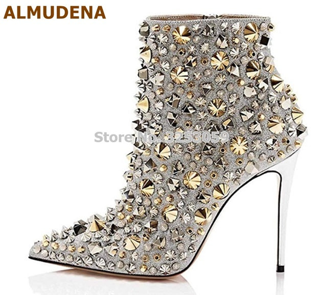 ALMUDENA Glitter Gold Metallic Studs Ankle Boots Stiletto Heel Silver Shell Spikes Pointed Toe Booties Celebrity Dress Shoes