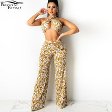 Load image into Gallery viewer, Bonnie Forest Vintage Printed Palazzo Pants Set Womens Tracksuit Halter Neck Crop Top And Pant Set Party Clubwear 2 Pieces Set
