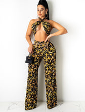 Load image into Gallery viewer, Bonnie Forest Vintage Printed Palazzo Pants Set Womens Tracksuit Halter Neck Crop Top And Pant Set Party Clubwear 2 Pieces Set
