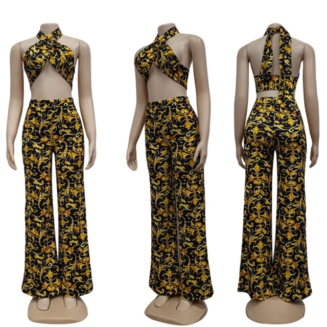 Bonnie Forest Vintage Printed Palazzo Pants Set Womens Tracksuit Halter Neck Crop Top And Pant Set Party Clubwear 2 Pieces Set