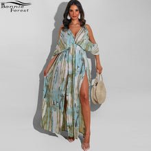 Load image into Gallery viewer, Bonnie Forest Bohemian Tie-Dye Print V Neck High Slit Maxi Dress Summer Boho Dress Sexy Slit Sleeve Dress Gowns Vacation Outfits
