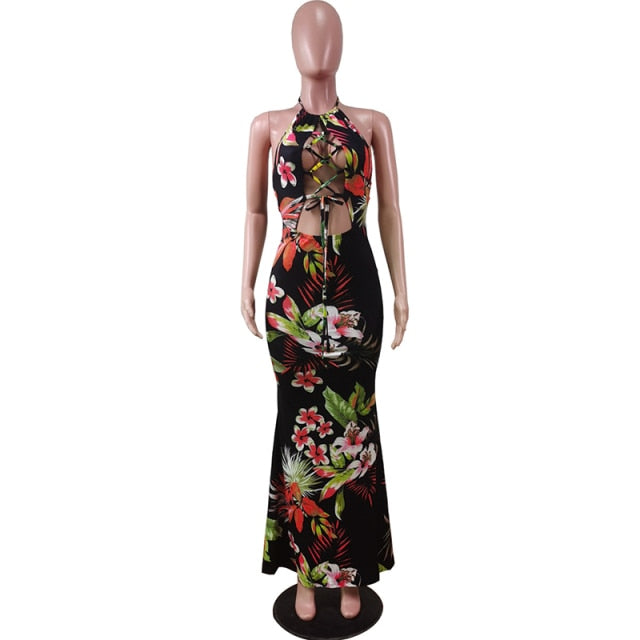 Bonnie Forest Bohemian Multi-Color Print Cut-Out Maxi Halter Dress Summer Sleeveless Laced-Up Long Beach Dress Vacation Outfits