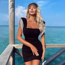 Load image into Gallery viewer, 2021 New Summer Women&#39;s Sexy Square Neck Fringed Diamond Mini Bodycon Black Bandage Dress Elegant Celebrity Club Party Dresses
