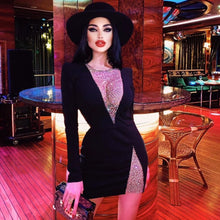 Load image into Gallery viewer, 2021 New Summer Women Black Long Sleeve Bandage Dress Sexy Hollow Out  Beading Bodycon Club Celebrity Runway Party Mini Dress
