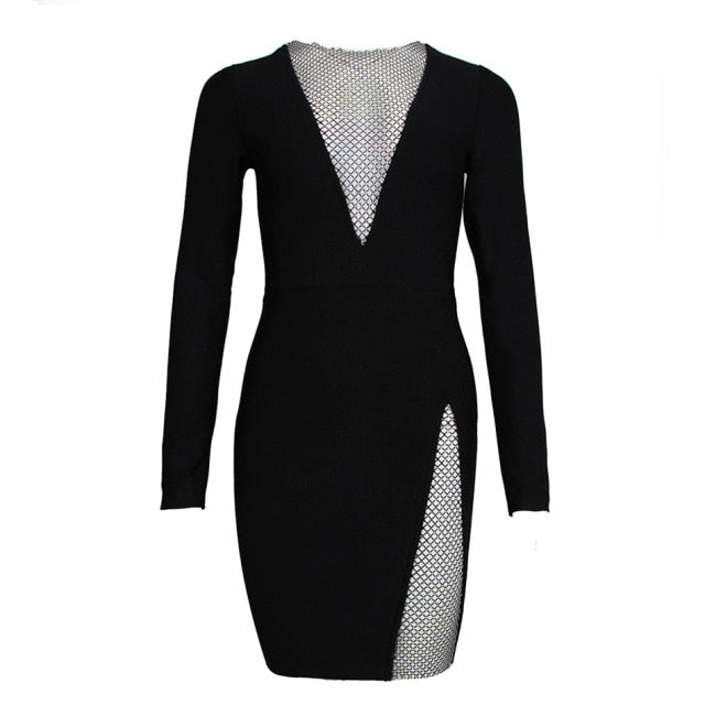 2021 New Summer Women Black Long Sleeve Bandage Dress Sexy Hollow Out  Beading Bodycon Club Celebrity Runway Party Mini Dress