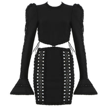 Load image into Gallery viewer, 2021 Women Sexy Long Sleeve Hollow Out Black White Mini Bandage Elegant Celebrity Evening Runway Party Dress Black White Color
