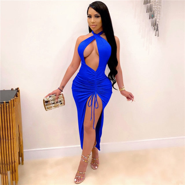 2021 New Summer Black Bandage Dress Sexy Sleeveless Halter Hollow Out Maxi Club Dress Celebrity Runway Party Dress Vestido