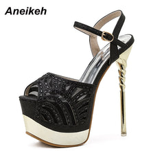 Load image into Gallery viewer, Aneikeh Summer Ladies Shoes Crystal Bling Fashion Platform Sexy Patchwork Round Toe PU Zapatos De Mujer High Heels women sandals
