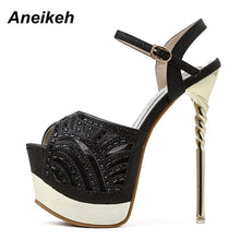 Load image into Gallery viewer, Aneikeh Summer Ladies Shoes Crystal Bling Fashion Platform Sexy Patchwork Round Toe PU Zapatos De Mujer High Heels women sandals
