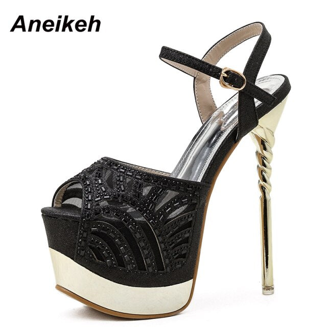 Aneikeh Summer Ladies Shoes Crystal Bling Fashion Platform Sexy Patchwork Round Toe PU Zapatos De Mujer High Heels women sandals