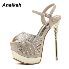 Load image into Gallery viewer, Aneikeh Summer Ladies Shoes Crystal Bling Fashion Platform Sexy Patchwork Round Toe PU Zapatos De Mujer High Heels women sandals
