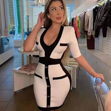 Load image into Gallery viewer, Ailigou 2021 New Summer Lady Bandage Dress Vestido Celebrity Party Dress Sexy Deep V Short Sleeve Button Mini Bodycon Club Dress
