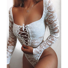 Load image into Gallery viewer, 2021 White Hollow Out Lace Bodysuit Women Spring Autumn Clothes Long Sleeve See Through Sexy Criss Cross Jumpsuit Romper Female
