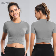 Load image into Gallery viewer, 2021 Women Casual Solid Cross Running Shirts Sexy Exposed Navel Yoga T-shirts Quick Dry Fitness Gym Crop Tops  Sports Shirts
