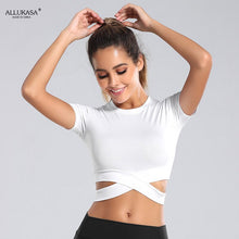 Load image into Gallery viewer, 2021 Women Casual Solid Cross Running Shirts Sexy Exposed Navel Yoga T-shirts Quick Dry Fitness Gym Crop Tops  Sports Shirts
