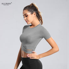 Load image into Gallery viewer, 2021 Women Casual Solid Cross Running Shirts Sexy Exposed Navel Yoga T-shirts Quick Dry Fitness Gym Crop Tops  Sports Shirts
