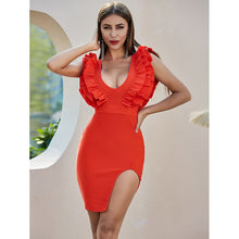 Load image into Gallery viewer, 2020 Women Sexy V Neck Mini Ruffles Red Bandage Dress Summer Split Chic Tank Evening Celebrity Party Dress Vestido
