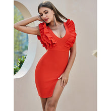 Load image into Gallery viewer, 2020 Women Sexy V Neck Mini Ruffles Red Bandage Dress Summer Split Chic Tank Evening Celebrity Party Dress Vestido
