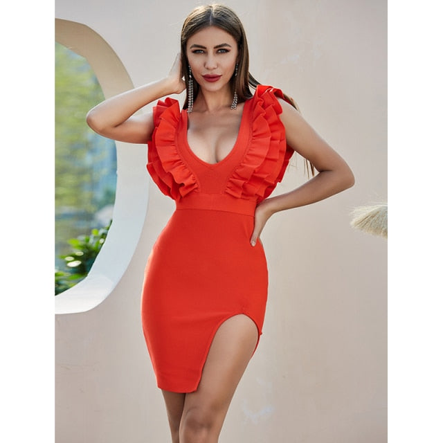 2020 Women Sexy V Neck Mini Ruffles Red Bandage Dress Summer Split Chic Tank Evening Celebrity Party Dress Vestido