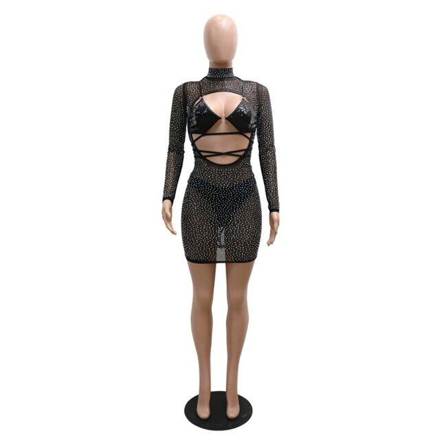 Bonnie Forest Glam See Through Cut Out Crystal Cover-Up Mini Dresses Fashion Sequins Bandage Bikini Set Beach Dress Club Wears