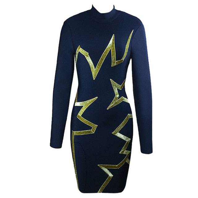 2021 New Women Summer Bandage Dress Fashion Sequins Stitching High Neck Long Sleeve Tight Dress Club Autumn Winter Vestidos