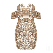 Load image into Gallery viewer, 2021 Fall Fashion Sequined Gold Sexy Mesh Women Mini Party Dress Club Robe Femme Casual Bodycon Cocktail Vestidos Festa BD2124
