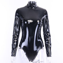 Load image into Gallery viewer, Black Long Sleeve PU Leather Bodysuit Slim Turtleneck Seamless Sexy Playsuit Women Nightclub Party Bottomshirt Latex Jumpsuit
