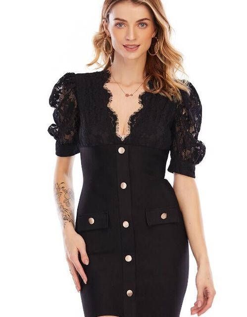 Black Short Lace Bubble Sleeve  Rayon Bandage Dress