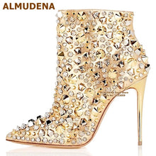 Load image into Gallery viewer, ALMUDENA Glitter Gold Metallic Studs Ankle Boots Stiletto Heel Silver Shell Spikes Pointed Toe Booties Celebrity Dress Shoes
