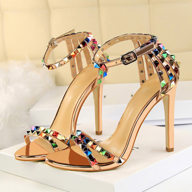 2022 Women 11cm High Heels Rivets Studded Sandals Lady Sandles Stiletto Gladiator Pumps Stripper Summer Fetish Platform Shoes