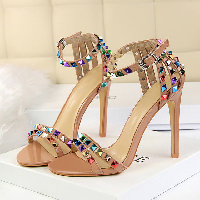 2022 Women 11cm High Heels Rivets Studded Sandals Lady Sandles Stiletto Gladiator Pumps Stripper Summer Fetish Platform Shoes