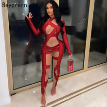 Load image into Gallery viewer, Beyprern New Chic Patchwork Caged Nights Jumpsuit Women Rompers Workout Overalls Fashion Long Sleeve Bodycon Skinny Sexy Rompers
