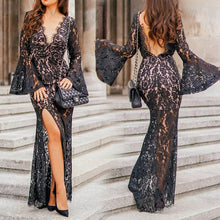 Load image into Gallery viewer, 2022 jfb Summer Sexy V-neck Backless Flare Sleeve Long Length High Split Women Party Dresses Female Black Lace Dress Mujer Vestido
