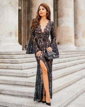 Load image into Gallery viewer, 2022 jfb Summer Sexy V-neck Backless Flare Sleeve Long Length High Split Women Party Dresses Female Black Lace Dress Mujer Vestido
