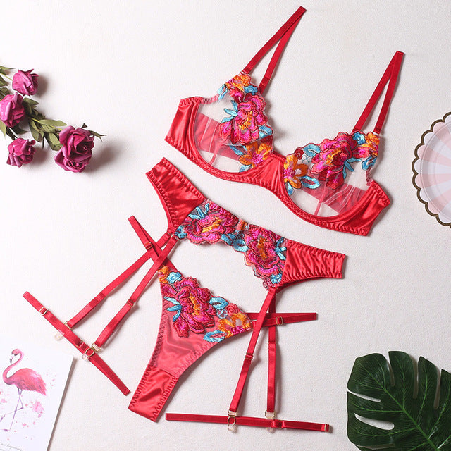 3-Piece Contrast Color Lace Bra Set