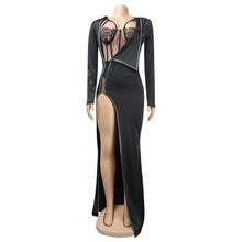 Load image into Gallery viewer, Black Crystal Details High Slit Maxi Dress
