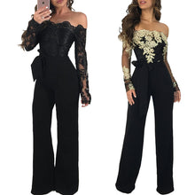 Load image into Gallery viewer, Adogirl Sexy Lace Patchwork Jumpsuit Women 2019 Off Shoulder Slash Neck Long Sleeve Women Romper Casual Slim Wide Leg Jumpsuits
