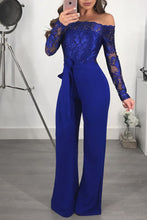 Load image into Gallery viewer, Adogirl Sexy Lace Patchwork Jumpsuit Women 2019 Off Shoulder Slash Neck Long Sleeve Women Romper Casual Slim Wide Leg Jumpsuits
