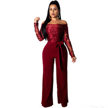 Load image into Gallery viewer, Adogirl Sexy Lace Patchwork Jumpsuit Women 2019 Off Shoulder Slash Neck Long Sleeve Women Romper Casual Slim Wide Leg Jumpsuits
